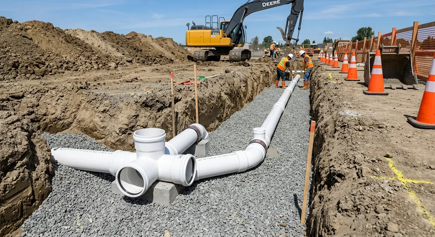 New PVC sewer pipe installation in open trench for Sewer Backup in Shrewsbury